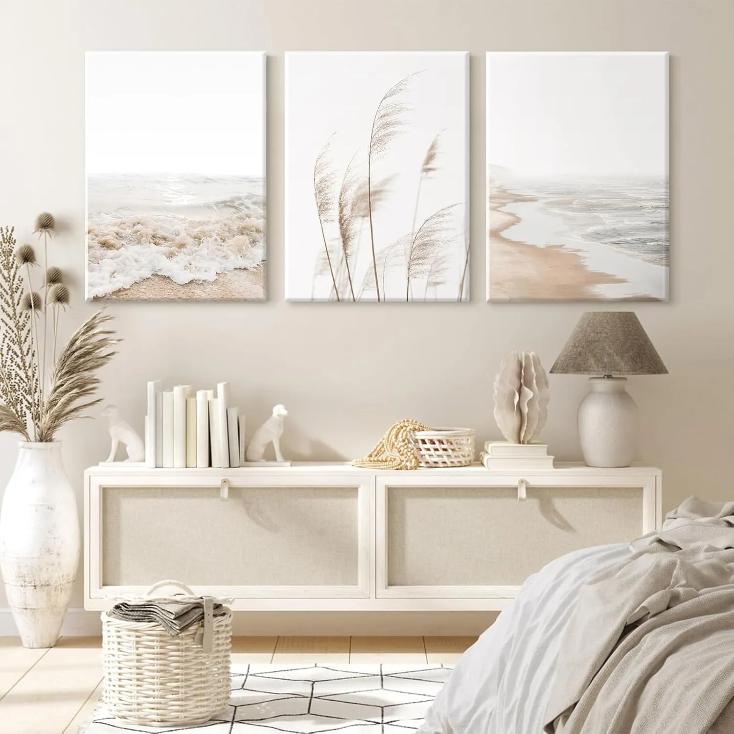 Beach Wall Art Boho Prints Coastal Canvas Wall Art Beach Pictures Pampas Grass Ocean Poster Plant Landscape Beach Scene Artwork for Living Room Bedroom Decor 12x16x3 Inch Wrapped Canvas
