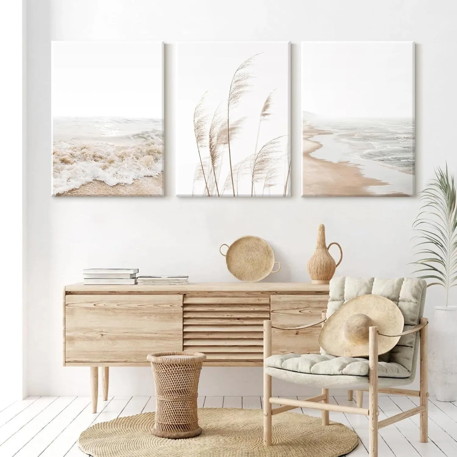 Beach Wall Art Boho Prints Coastal Canvas Wall Art Beach Pictures Pampas Grass Ocean Poster Plant Landscape Beach Scene Artwork for Living Room Bedroom Decor 12x16x3 Inch Wrapped Canvas