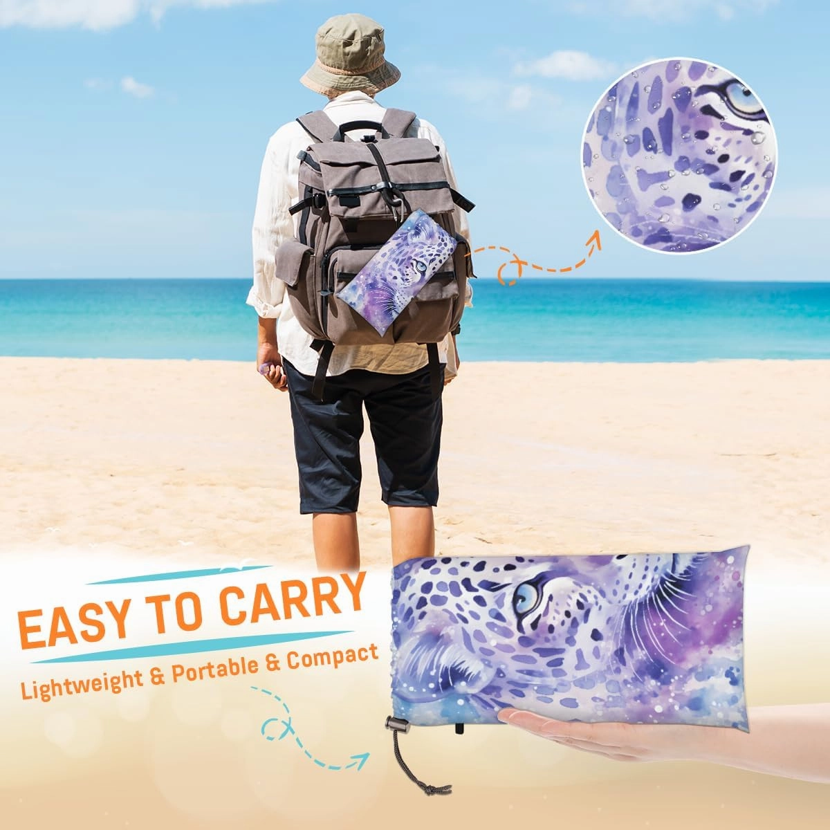 Beach Blanket, Colorful Leopard Sandproof Beach Mat, Waterproof Quick Drying Sand Free Mat with 4 x Ground Spikes for Outdoor Travel Camping Hiking, Leopard Print 68 x 59 in