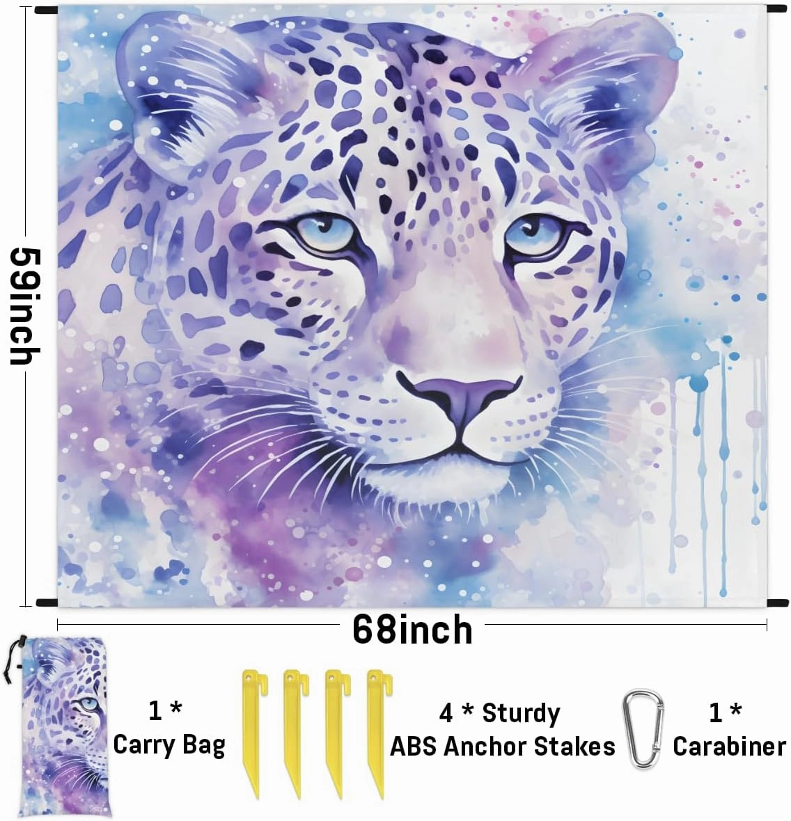 Beach Blanket, Colorful Leopard Sandproof Beach Mat, Waterproof Quick Drying Sand Free Mat with 4 x Ground Spikes for Outdoor Travel Camping Hiking, Leopard Print 68 x 59 in