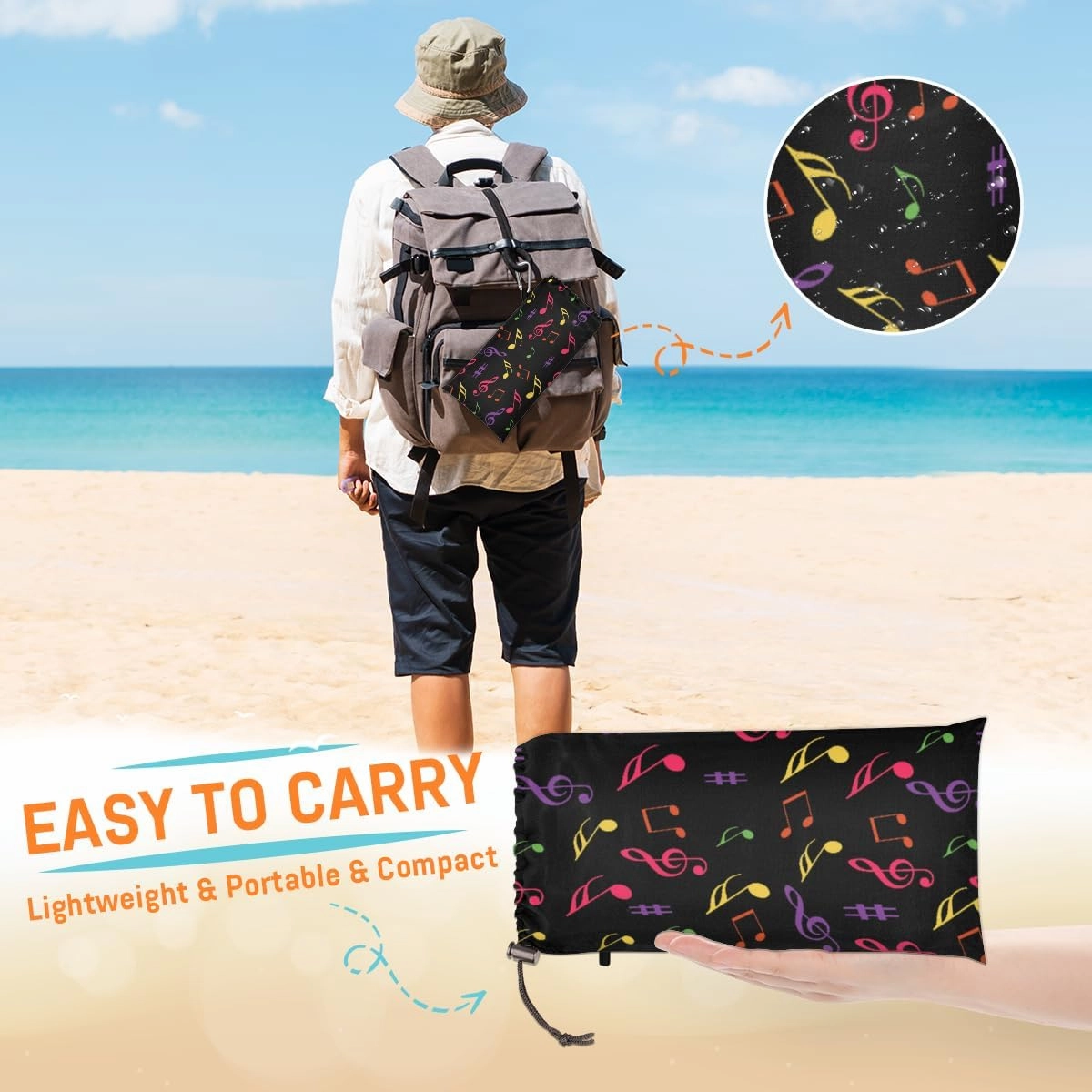 Beach Blanket, Music Note Sandproof Beach Mat, Waterproof Quick Drying Sand Free Mat with 4 x Ground Spikes for Outdoor Travel Camping Hiking, Colorful Music 68 x 59 in