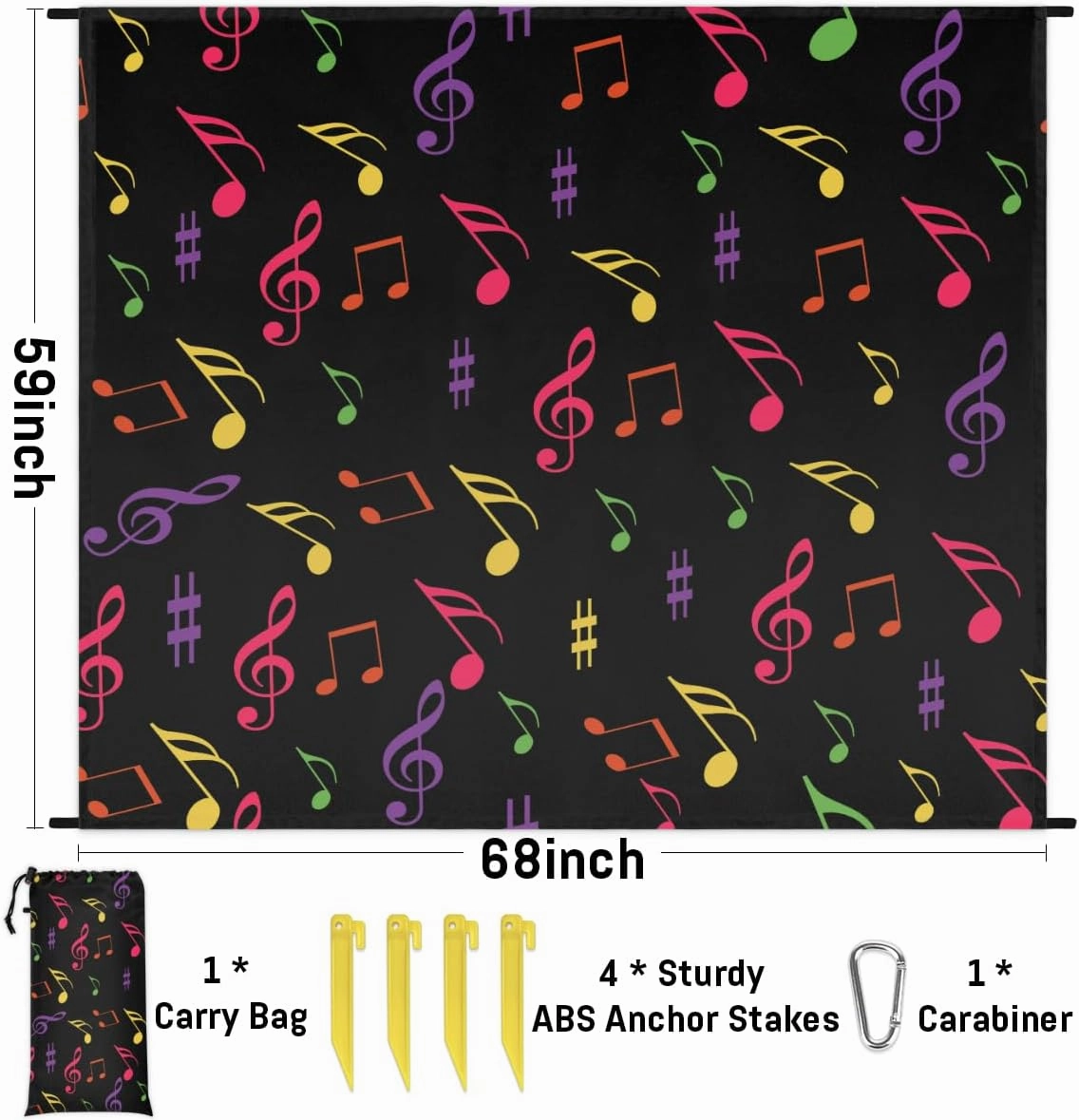 Beach Blanket, Music Note Sandproof Beach Mat, Waterproof Quick Drying Sand Free Mat with 4 x Ground Spikes for Outdoor Travel Camping Hiking, Colorful Music 68 x 59 in