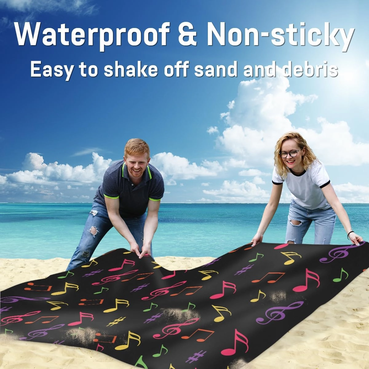 Beach Blanket, Music Note Sandproof Beach Mat, Waterproof Quick Drying Sand Free Mat with 4 x Ground Spikes for Outdoor Travel Camping Hiking, Colorful Music 68 x 59 in