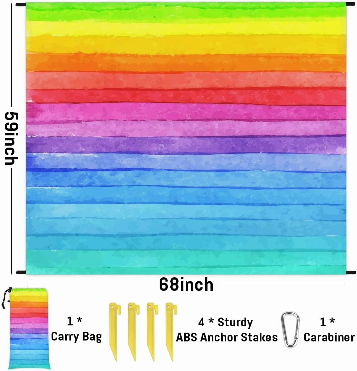 Beach Blanket, Rainbow Color Sandproof Beach Mat, Waterproof Quick Drying Sand Free Mat with 4 x Ground Spikes for Outdoor Travel Camping Hiking, Colorful Stripe 68 x 59 in