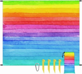 Beach Blanket, Rainbow Color Sandproof Beach Mat, Waterproof Quick Drying Sand Free Mat with 4 x Ground Spikes for Outdoor Travel Camping Hiking, Colorful Stripe 68 x 59 in