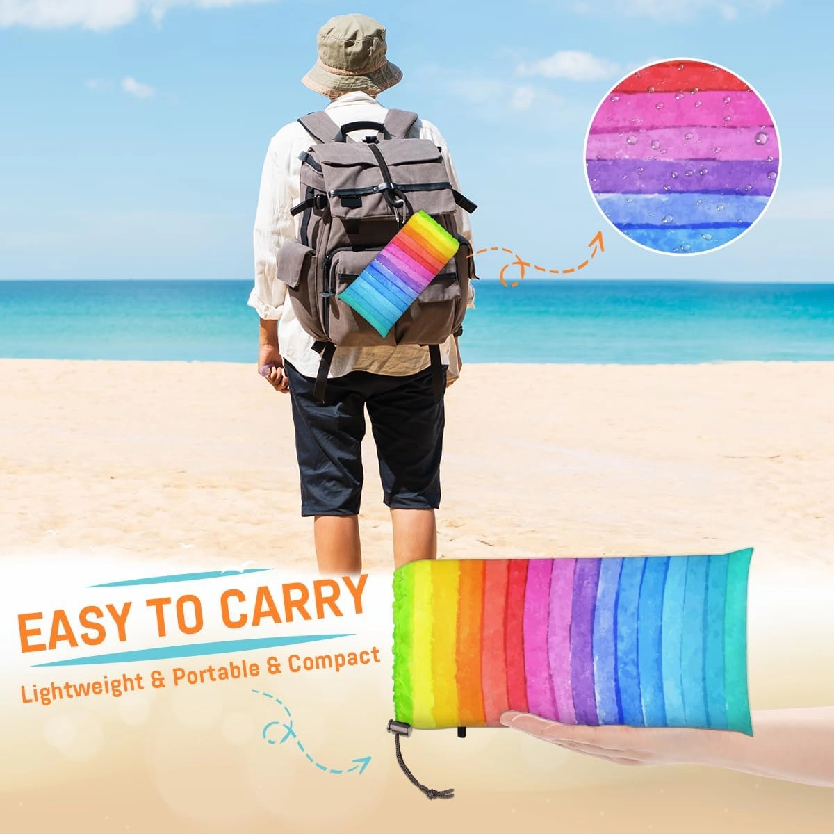 Beach Blanket, Rainbow Color Sandproof Beach Mat, Waterproof Quick Drying Sand Free Mat with 4 x Ground Spikes for Outdoor Travel Camping Hiking, Colorful Stripe 68 x 59 in