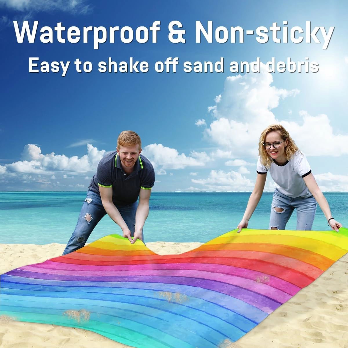 Beach Blanket, Rainbow Color Sandproof Beach Mat, Waterproof Quick Drying Sand Free Mat with 4 x Ground Spikes for Outdoor Travel Camping Hiking, Colorful Stripe 68 x 59 in