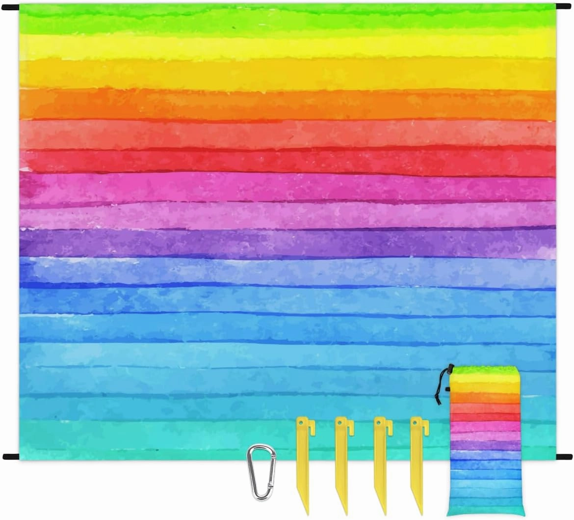 Beach Blanket, Rainbow Color Sandproof Beach Mat, Waterproof Quick Drying Sand Free Mat with 4 x Ground Spikes for Outdoor Travel Camping Hiking, Colorful Stripe 68 x 59 in