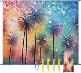 Beach Blanket, Tropical Tree Sandproof Beach Mat, Waterproof Quick Drying Sand Free Mat with 4 x Ground Spikes for Outdoor Travel Camping Hiking, Colorful Palm 68 x 59 in