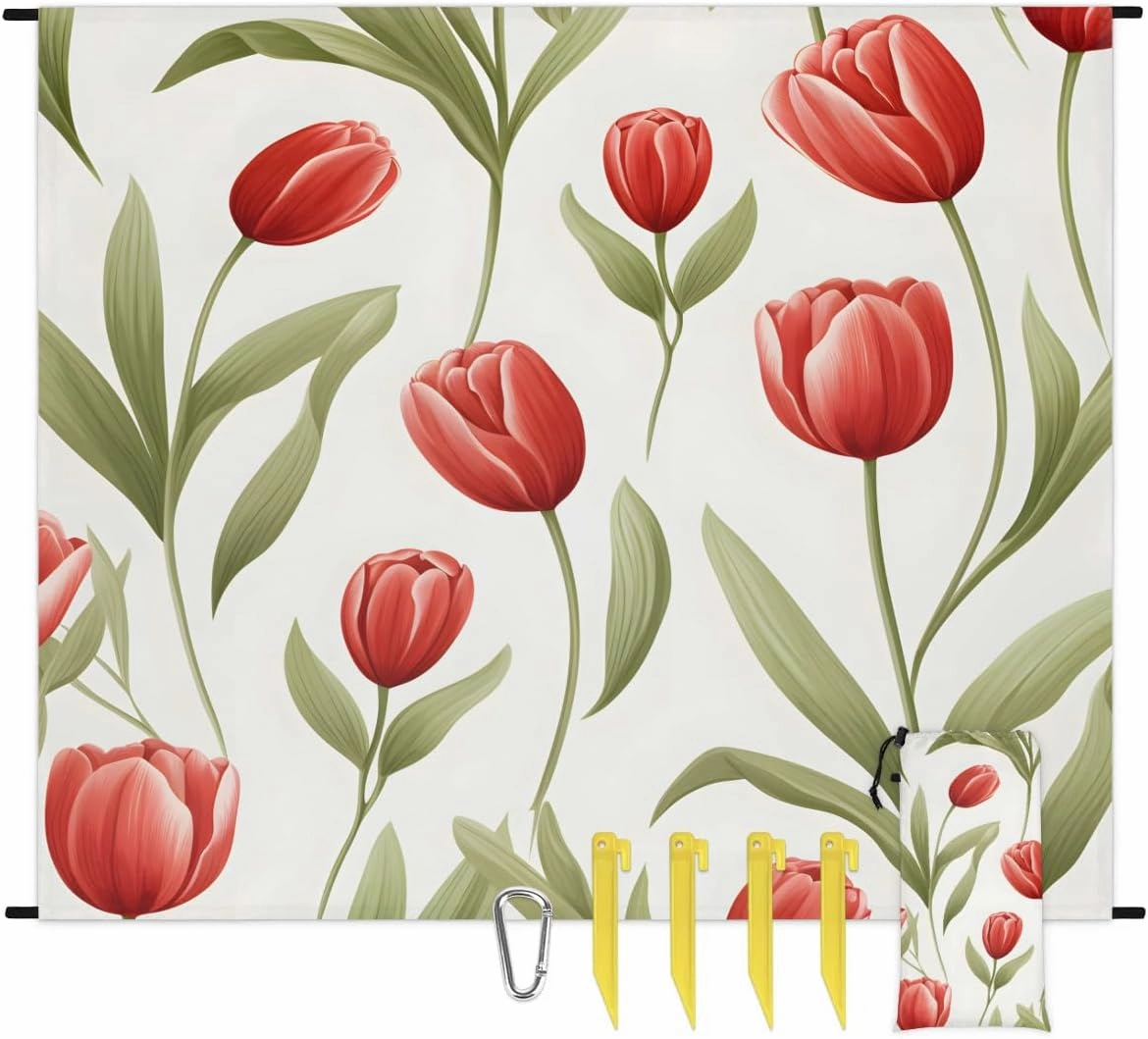 Beach Blanket, Tulips Floral Sandproof Beach Mat, Waterproof Quick Drying Sand Free Mat with 4 x Ground Spikes for Outdoor Travel Camping Hiking, Colorful Tulip Flowers 68 x 59 in