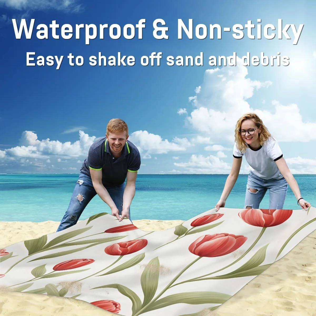 Beach Blanket, Tulips Floral Sandproof Beach Mat, Waterproof Quick Drying Sand Free Mat with 4 x Ground Spikes for Outdoor Travel Camping Hiking, Colorful Tulip Flowers 68 x 59 in