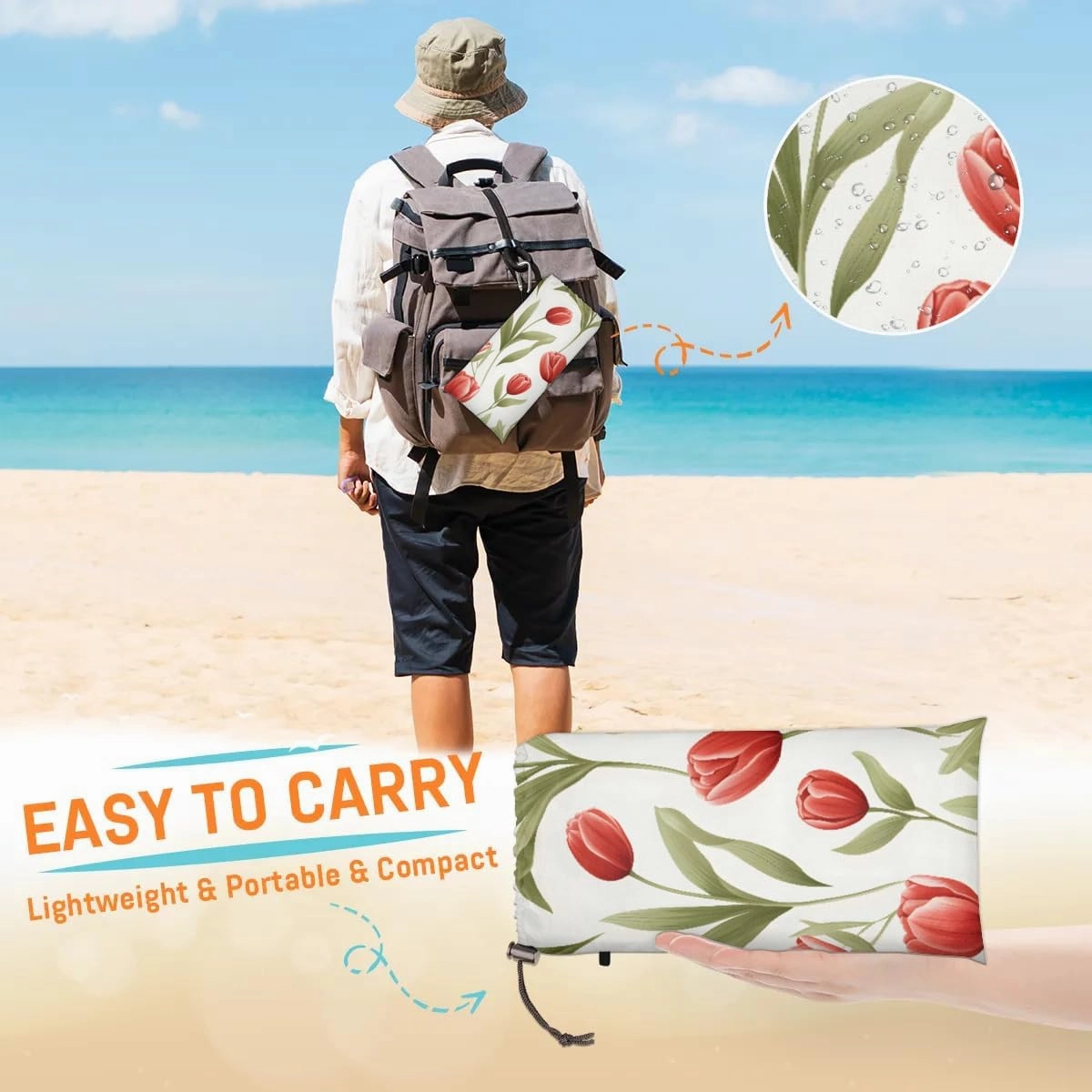 Beach Blanket, Tulips Floral Sandproof Beach Mat, Waterproof Quick Drying Sand Free Mat with 4 x Ground Spikes for Outdoor Travel Camping Hiking, Colorful Tulip Flowers 68 x 59 in