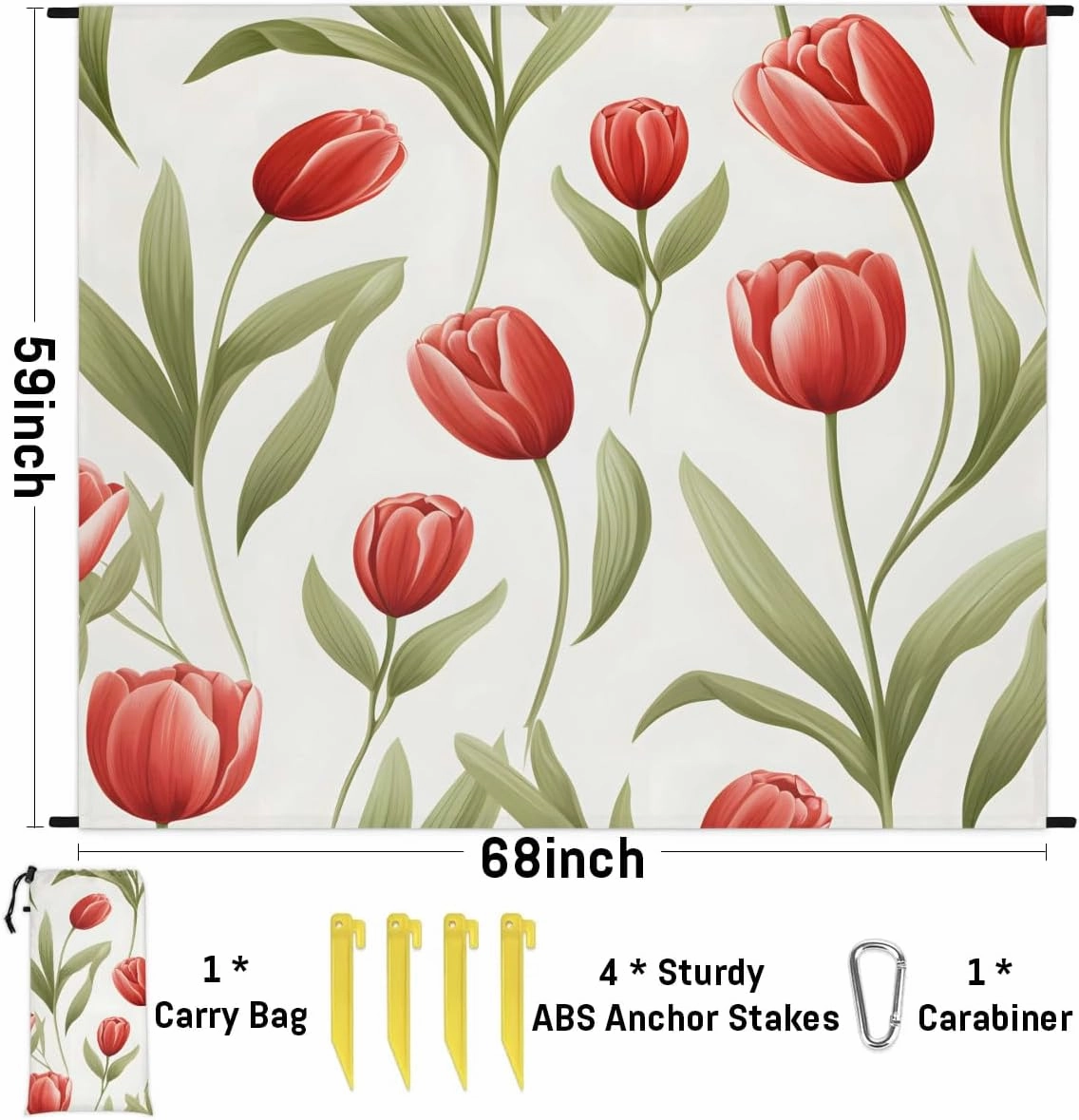 Beach Blanket, Tulips Floral Sandproof Beach Mat, Waterproof Quick Drying Sand Free Mat with 4 x Ground Spikes for Outdoor Travel Camping Hiking, Colorful Tulip Flowers 68 x 59 in