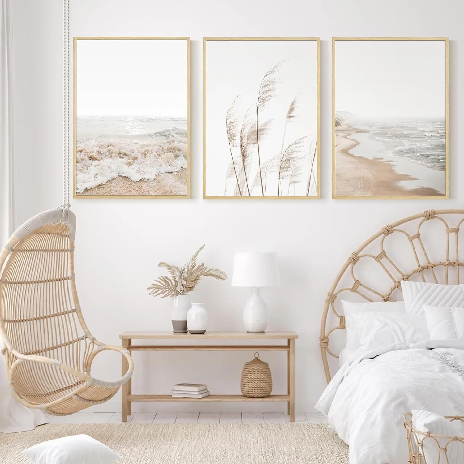 Beach Wall Art Boho Prints Coastal Canvas Wall Art FRAMED Beach Pictures Pampas Grass Ocean Poster Plant Landscape Scene Artwork for Living Room Bedroom Decor 12x16 Inch Set of 3