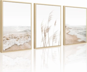 Beach Wall Art Boho Prints Coastal Canvas Wall Art FRAMED Beach Pictures Pampas Grass Ocean Poster Plant Landscape Scene Artwork for Living Room Bedroom Decor 12x16 Inch Set of 3