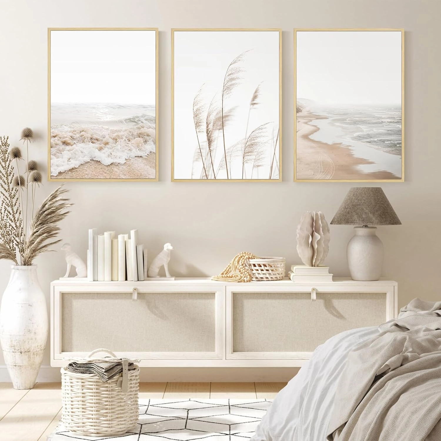 Beach Wall Art Boho Prints Coastal Canvas Wall Art FRAMED Beach Pictures Pampas Grass Ocean Poster Plant Landscape Scene Artwork for Living Room Bedroom Decor 12x16 Inch Set of 3