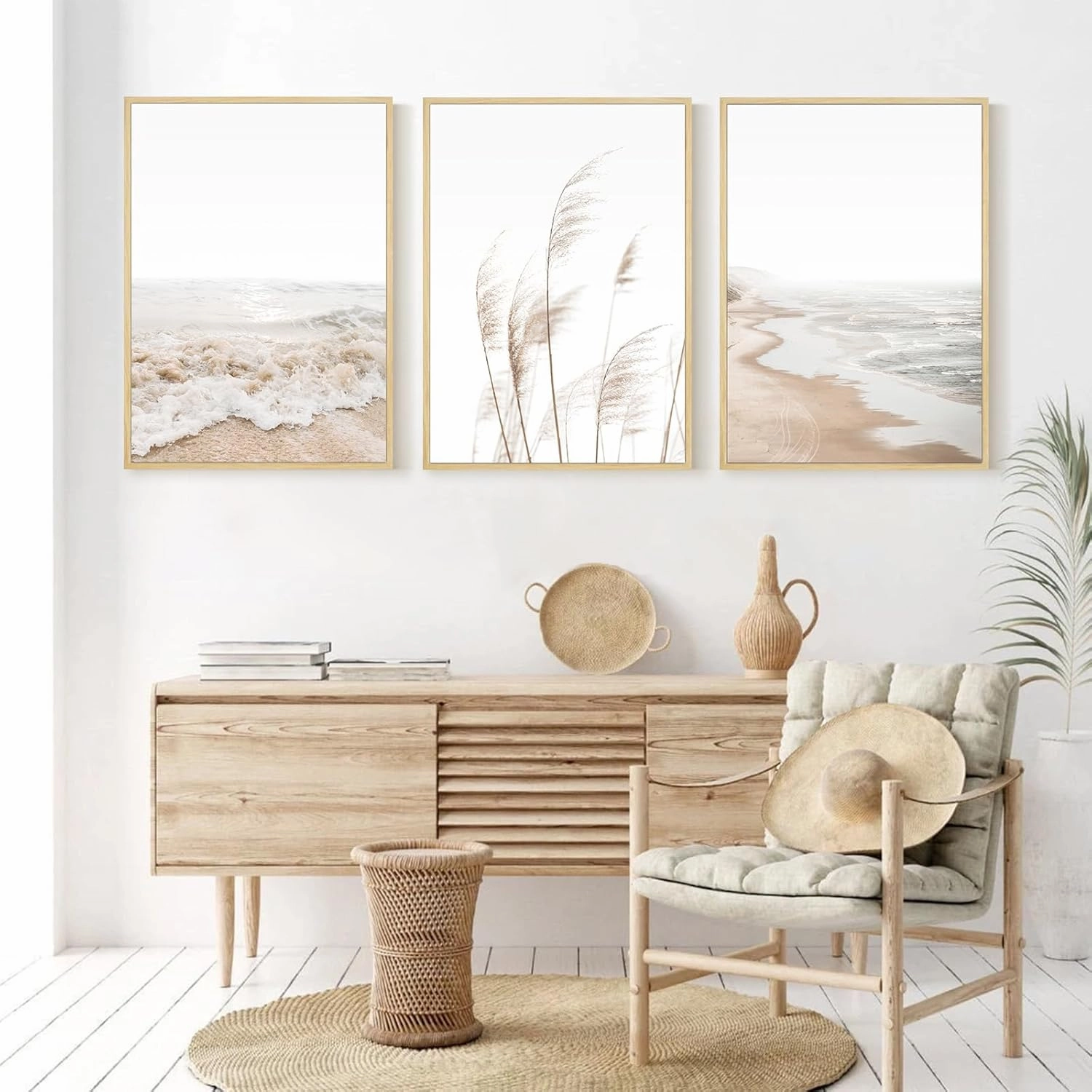 Beach Wall Art Boho Prints Coastal Canvas Wall Art FRAMED Beach Pictures Pampas Grass Ocean Poster Plant Landscape Scene Artwork for Living Room Bedroom Decor 12x16 Inch Set of 3