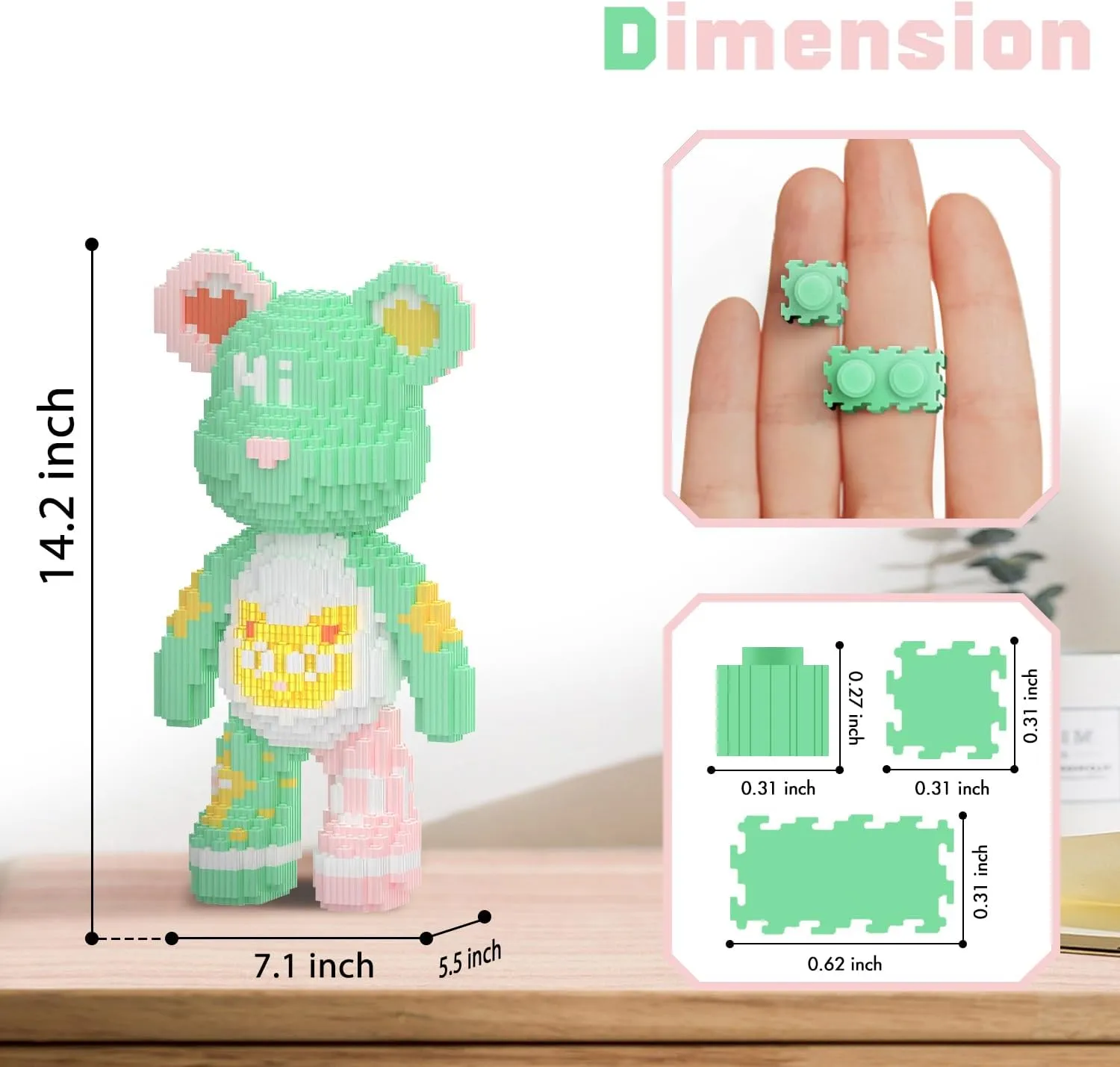 Bear Building Blocks (2400PCS) | 500% Bear Display Model | Micro 3D Animal Building Blocks | Fluorescence Design | Holiday Gift for Adults & Kids | Idea for Home & Office Decor |3D instruction