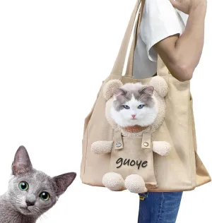 Bear-Shaped Show Head Pet Canvas Shaped Shoulder Bag，Pet Out Bag, Outcrop, Pet Out Shoulder Bag. (Khaki Bear-Large)