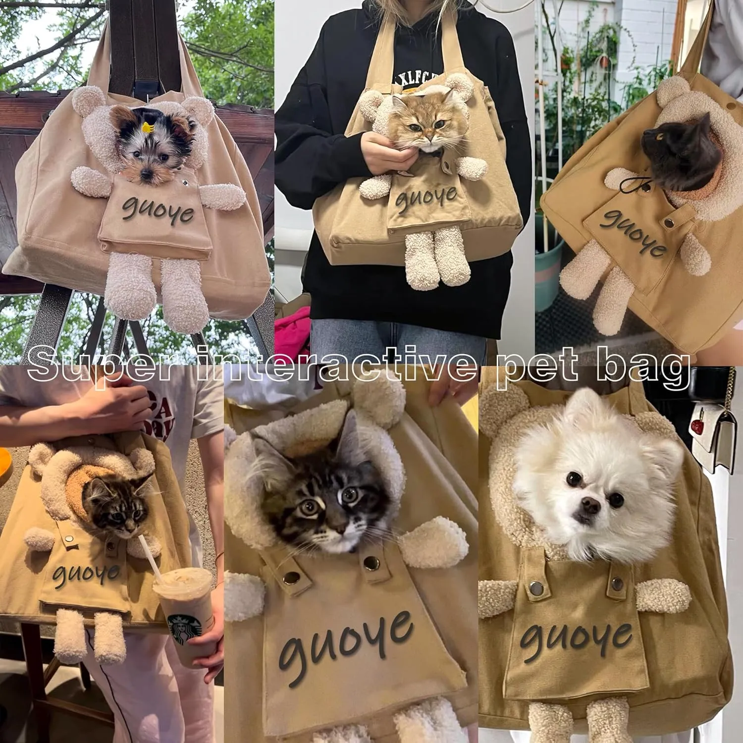 Bear-Shaped Show Head Pet Canvas Shaped Shoulder Bag，Pet Out Bag, Outcrop, Pet Out Shoulder Bag. (Khaki Bear-Large)