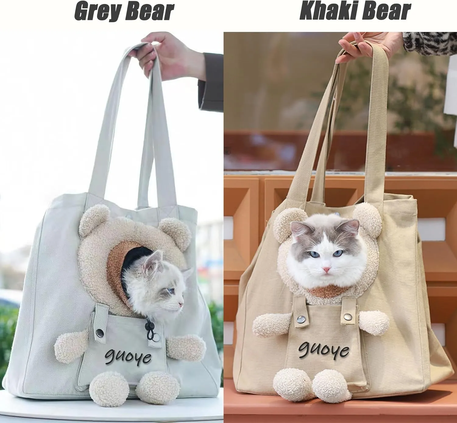 Bear-Shaped Show Head Pet Canvas Shaped Shoulder Bag，Pet Out Bag, Outcrop, Pet Out Shoulder Bag. (Khaki Bear-Large)