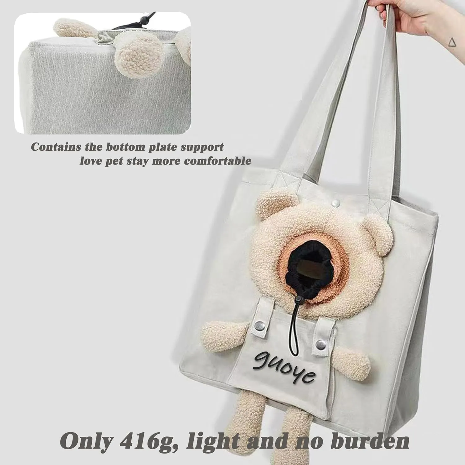 Bear-Shaped Show Head Pet Canvas Shaped Shoulder Bag，Pet Out Bag, Outcrop, Pet Out Shoulder Bag. (Khaki Bear-Large)