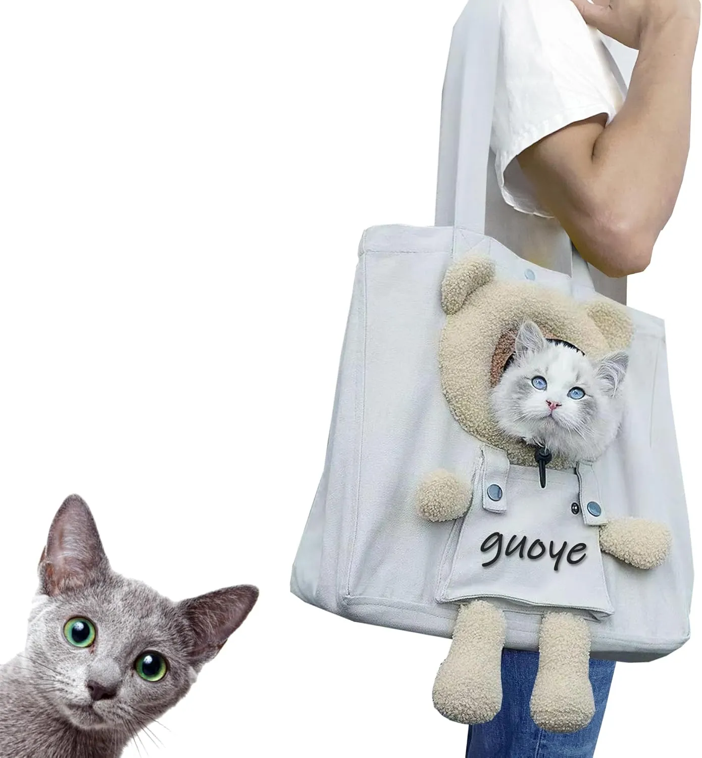 Bear-Shaped Show Head Pet Canvas Shoulder Bag, Out Bag, Outcrop (Grey Bear-Large)