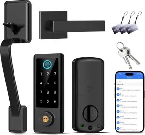 BEBASIA Fingerprint Door Lock for Front Door with Handle Set, App Control, Smart Keyless Entry Digital Electronic Keypad Touchscreen Deadbolt, Easy Install, Auto Lock, Black