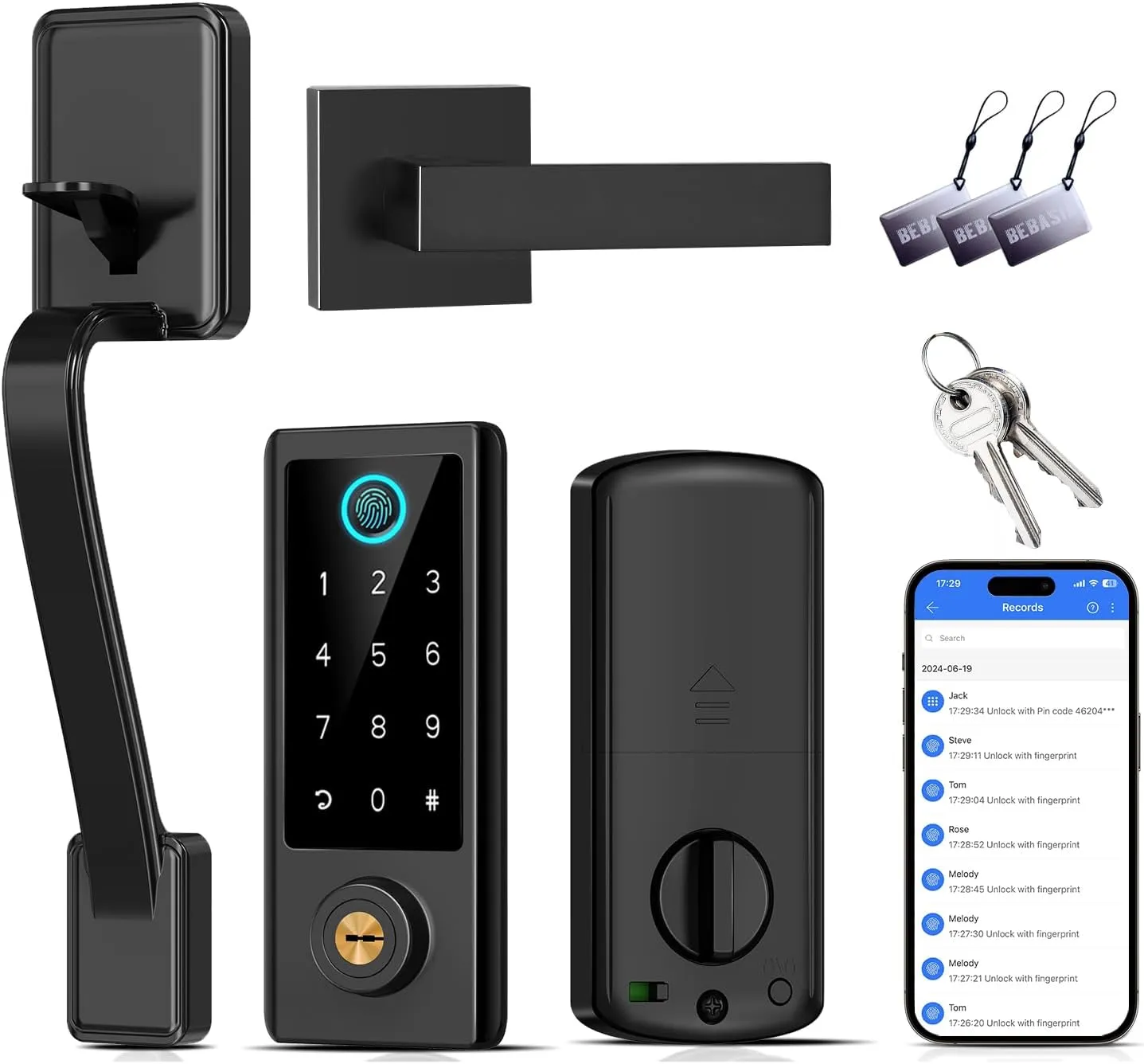 BEBASIA Fingerprint Door Lock for Front Door with Handle Set, App Control, Smart Keyless Entry Digital Electronic Keypad Touchscreen Deadbolt, Easy Install, Auto Lock, Black