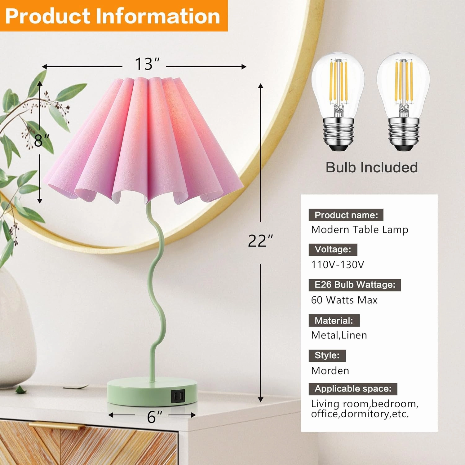 Bedside Table Lamp Set of 2 Touch Dimmable Unique Green Lamp with USB Port and Outlet Modern Lamp for Living Room