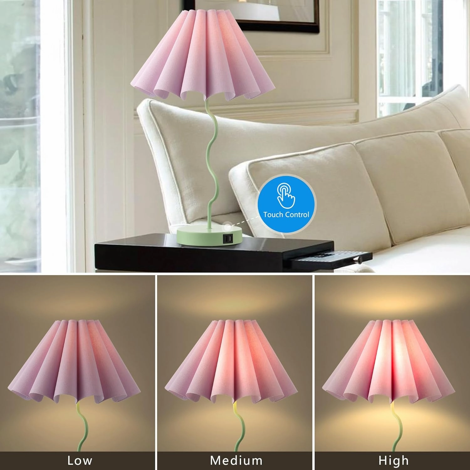 Bedside Table Lamp Set of 2 Touch Dimmable Unique Green Lamp with USB Port and Outlet Modern Lamp for Living Room