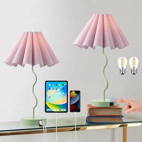 Bedside Table Lamp Set of 2 Touch Dimmable Unique Green Lamp with USB Port and Outlet Modern Lamp for Living Room