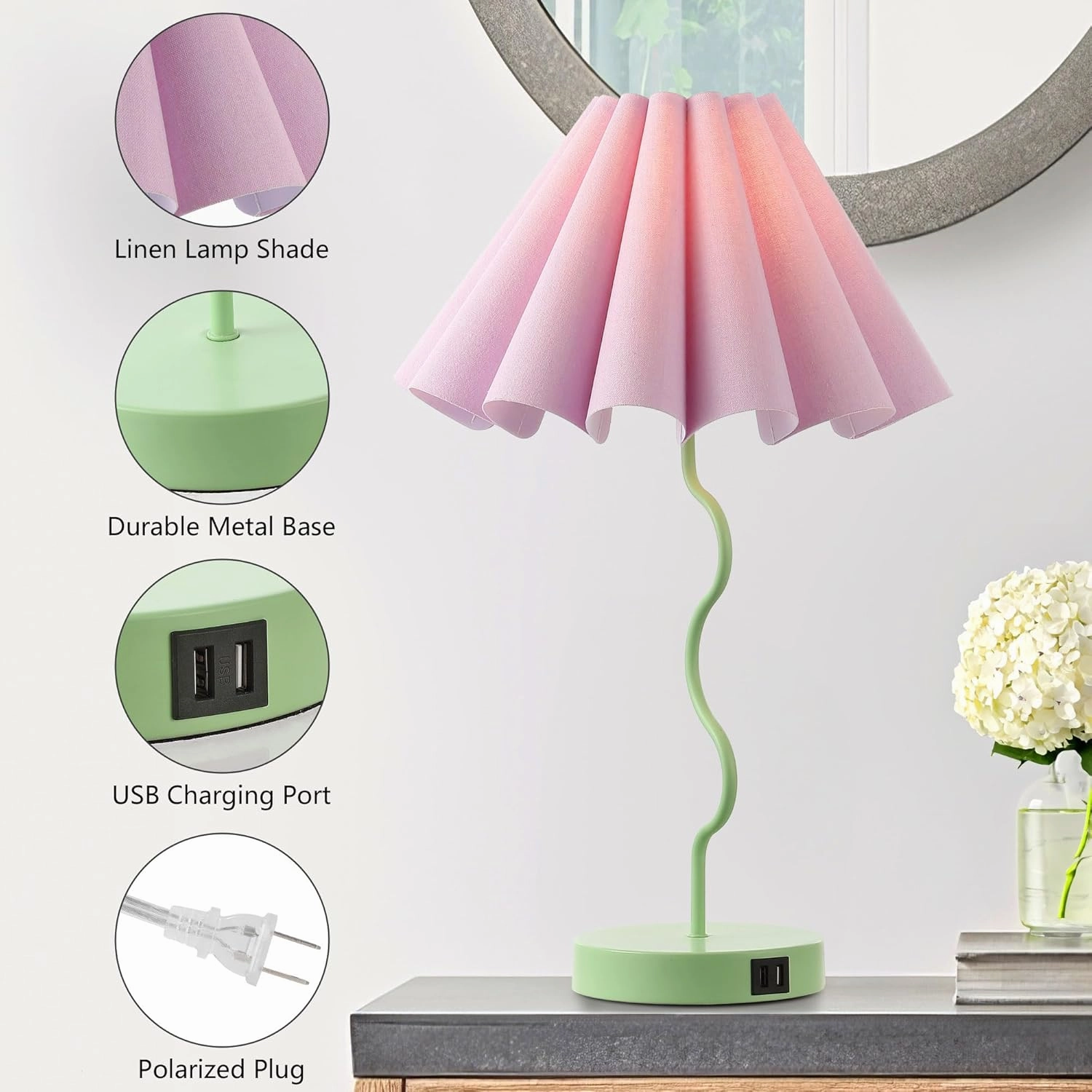 Bedside Table Lamp Set of 2 Touch Dimmable Unique Green Lamp with USB Port and Outlet Modern Lamp for Living Room