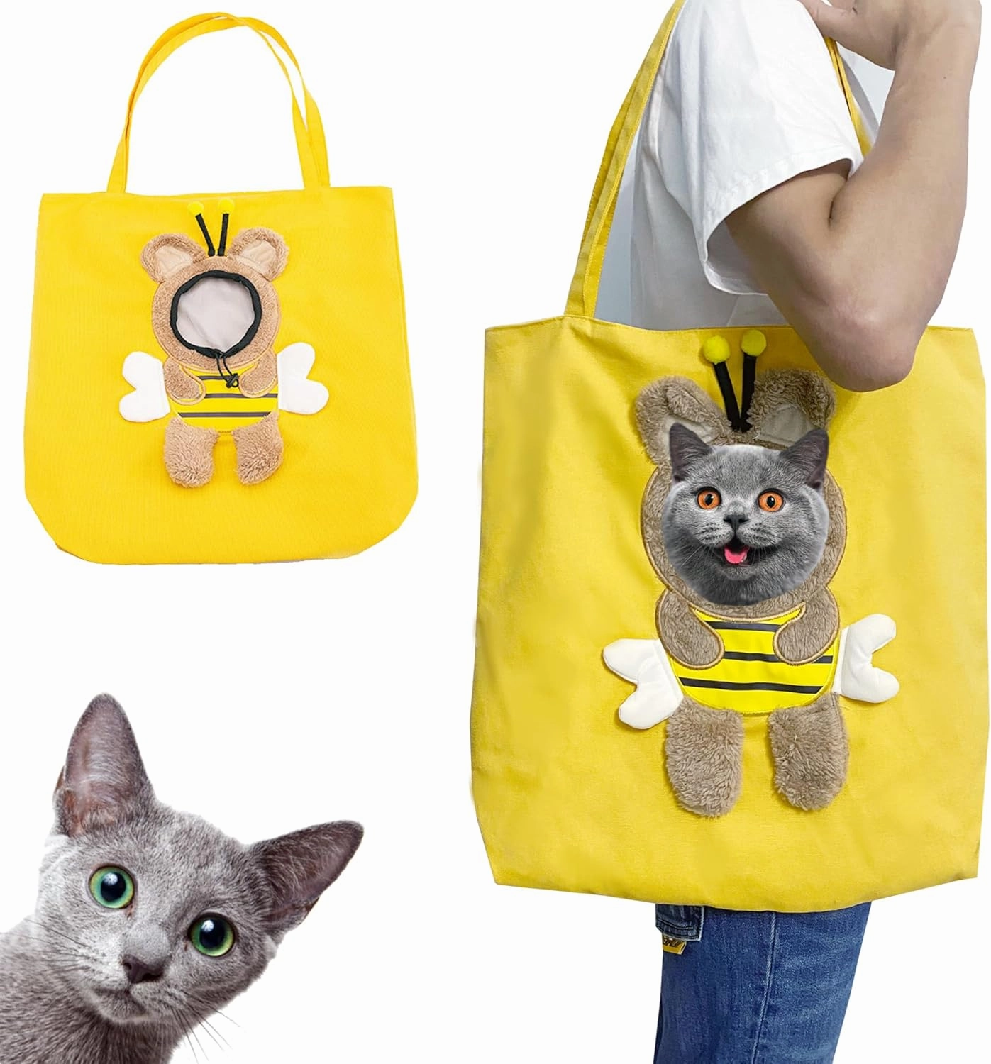 Bee-Shaped Show Head Pet Canvas Shaped Shoulder Bag，Pet Out Bag, Outcrop, Pet Out Shoulder Bag. (Bee-Large)