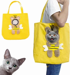 Bee-Shaped Show Head Pet Canvas Shaped Shoulder Bag，Pet Out Bag, Outcrop, Pet Out Shoulder Bag. (Bee-Large)