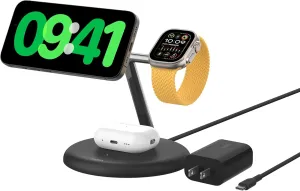 Belkin MagSafe-Compatible 3-in-1 Wireless Charger Stand 15W - Qi2-Certified Wireless Charging Station, Fast Charging iPhone Charger for iPhone 16, AirPods, & Apple Watch - 36W Charger Included - Black