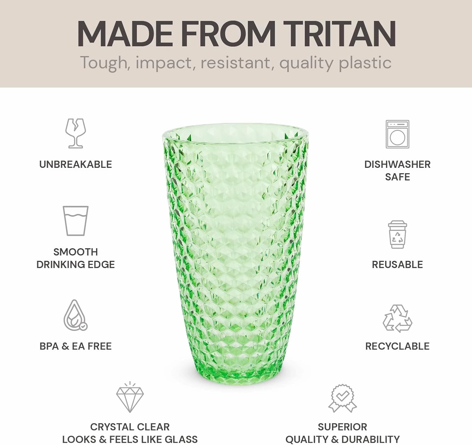 BELLAFORTE Shatterproof Tritan Plastic Tall Tumbler, 19oz Drinking Glasses Set of 4 - Laguna Beach Unbreakable Outdoor Drinkware for Party, Poolside, Indoor Use - Dishwasher Safe, BPA Free - Green