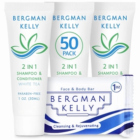 BERGMAN KELLY Rectangle Soap Bars, 2in1 Shampoo & Conditioner 2-Piece Set (White Tea, 1 oz each, 100 pc), Delight Your Guests with Revitalizing & Refreshing Sanitary Toiletries & Hotel Amenities