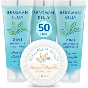 BERGMAN KELLY Round Soap Bars, 2in1 Shampoo & Conditioner 2-Piece Set (Tropical Waterfall, 1 oz each, 100 pc), Delight Your Guests with Revitalizing & Refreshing Sanitary Toiletries & Hotel Amenities