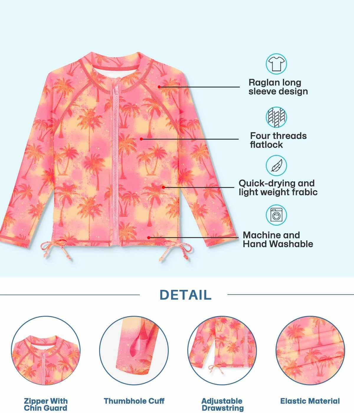 BesserBay Girls UPF 50  Zip Up Long Sleeve Ruched Side Adjustable Drawstring Thumb Holes Swim Shirt 4-14 Years