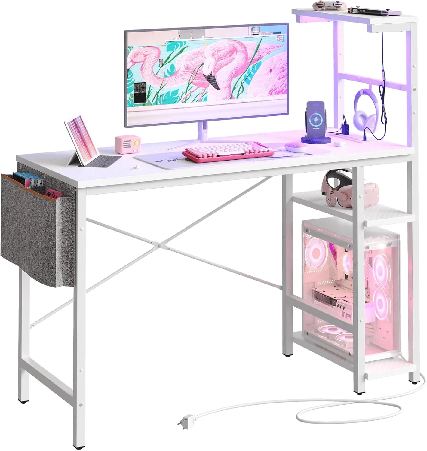 Bestier Gaming Desk with Power Outlets, 44 Inch Led Gamer Desk with 4 Tiers Reversible Shelves, PC Gaming Table with Headset Hook & Side Storage Bag for Bedroom (White 3D Carbon Fiber)