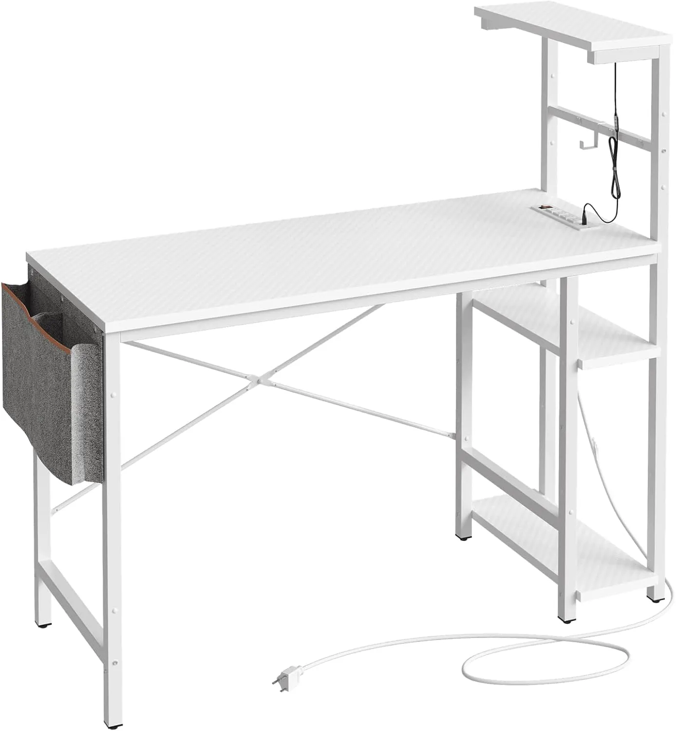 Bestier Gaming Desk with Power Outlets, 44 Inch Led Gamer Desk with 4 Tiers Reversible Shelves, PC Gaming Table with Headset Hook & Side Storage Bag for Bedroom (White 3D Carbon Fiber)