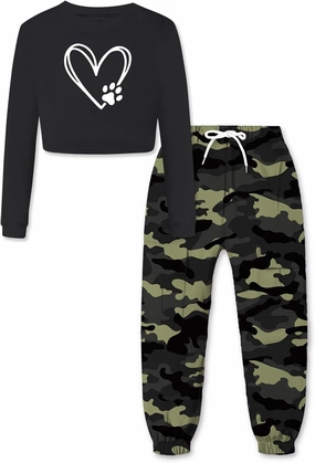Betusline Girls 2 Piece Outfits Long Sleeve Tee Shirts and Cargo Jogger Pants Outfits, 4T-14 Years