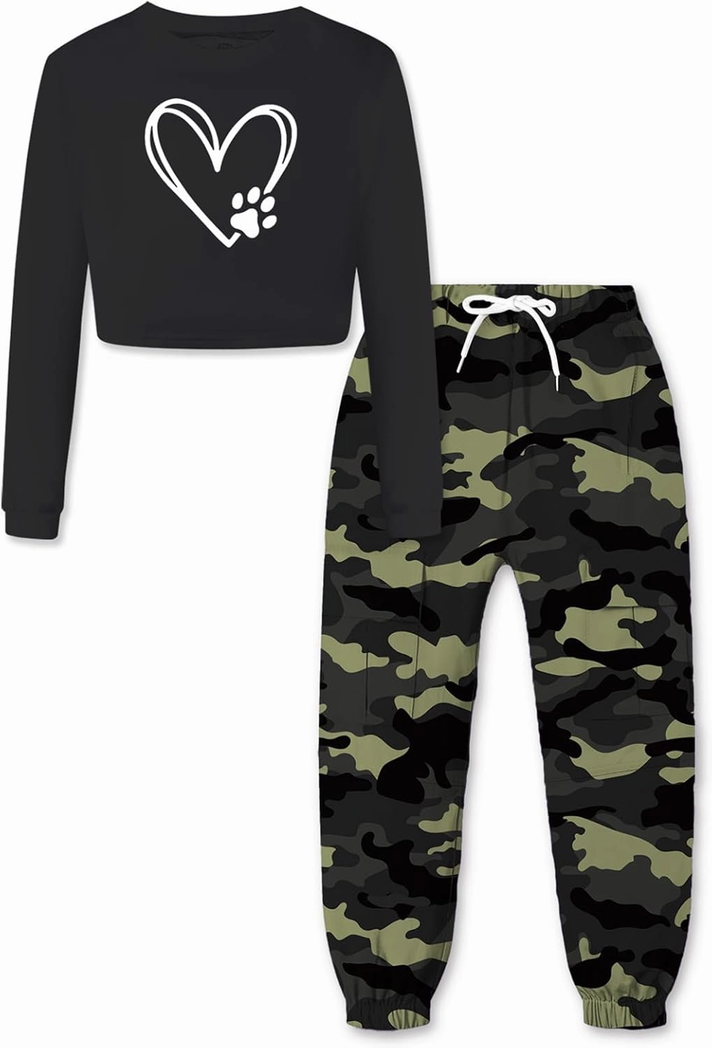 Betusline Girls 2 Piece Outfits Long Sleeve Tee Shirts and Cargo Jogger Pants Outfits, 4T-14 Years