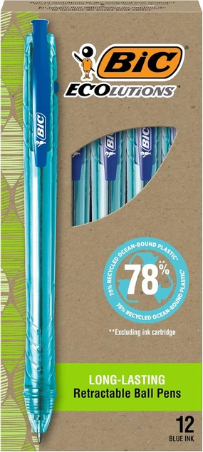 BIC Ecolutions Ocean-Bound Ball Pens, Medium Point (1.0mm), 12-Count Pack, Black Ink Pens Made from 78% Ocean-Bound Recycled Plastic