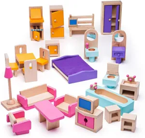 Bigjigs Toys Heritage Playset Doll House Furniture | Set of 27 Mini Wooden Accessories | Toy Living Room, Kitchen, Bathroom & Bedroom Figures for Dolls | Role Play Gifts for 3  Year Old Girls & Boys