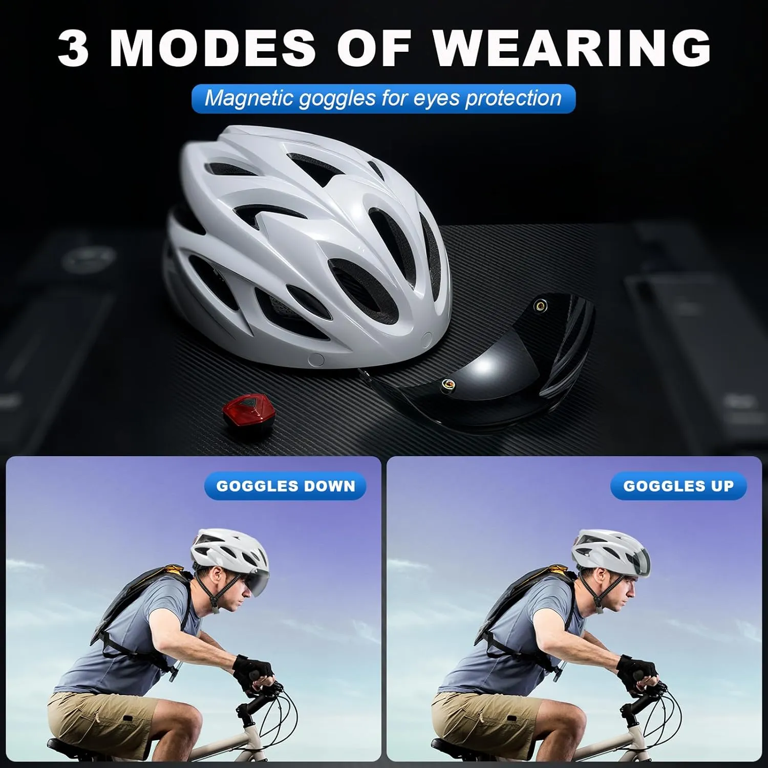 Bike Helmet for Adult, Removable Goggles Bicycle Helmet with Light, Certified Adjustable Bike Helmet Men Women Comfort Lightweight Cycling Helmet for Commuting, Road Biking, Scooter