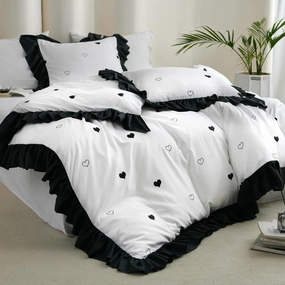 Black and White Duvet Cover Set Full Kids Love Heart Duvet Cover Princess Ruffle Comforter Cover Teens Girls Lovely Heart-Shaped Bedding Soft Brushed Microfiber Wide Ruffled 80x90 Duvet Cover