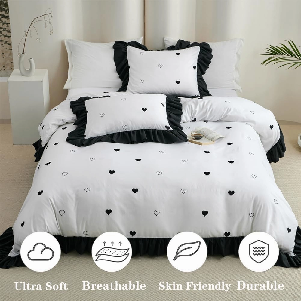 Black and White Duvet Cover Set Full Kids Love Heart Duvet Cover Princess Ruffle Comforter Cover Teens Girls Lovely Heart-Shaped Bedding Soft Brushed Microfiber Wide Ruffled 80x90 Duvet Cover