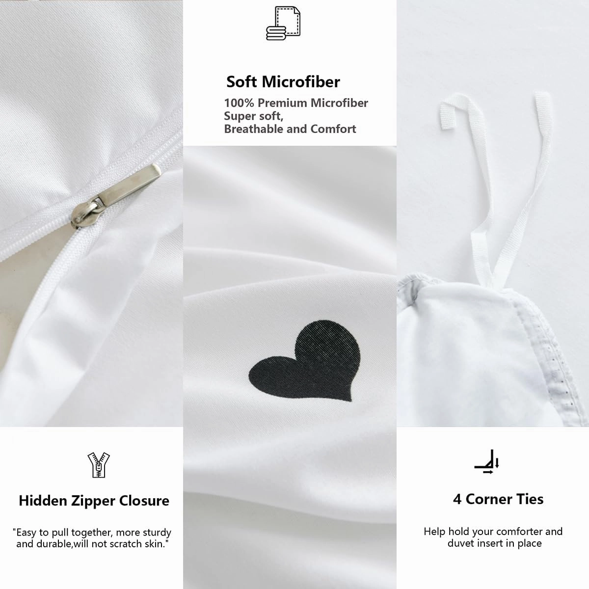 Black and White Duvet Cover Set Full Kids Love Heart Duvet Cover Princess Ruffle Comforter Cover Teens Girls Lovely Heart-Shaped Bedding Soft Brushed Microfiber Wide Ruffled 80x90 Duvet Cover
